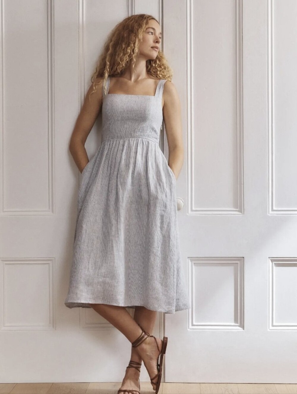 Quince 100% European Linen Blue & White Pinstripe Fit & Flare Midi Dress, XS